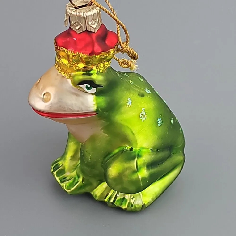 Blown Glass Frog Christmas Ornament Light Green Crown 3 inch